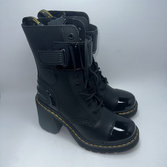 New Dr. Martens Gaya 10i Women’s Size 7 Strap Black Patent Leather Heeled Boots - Picture 1 of 5
